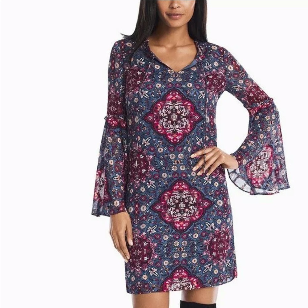 WHBM Blue Floral Medallion Bell Sleeve Dress